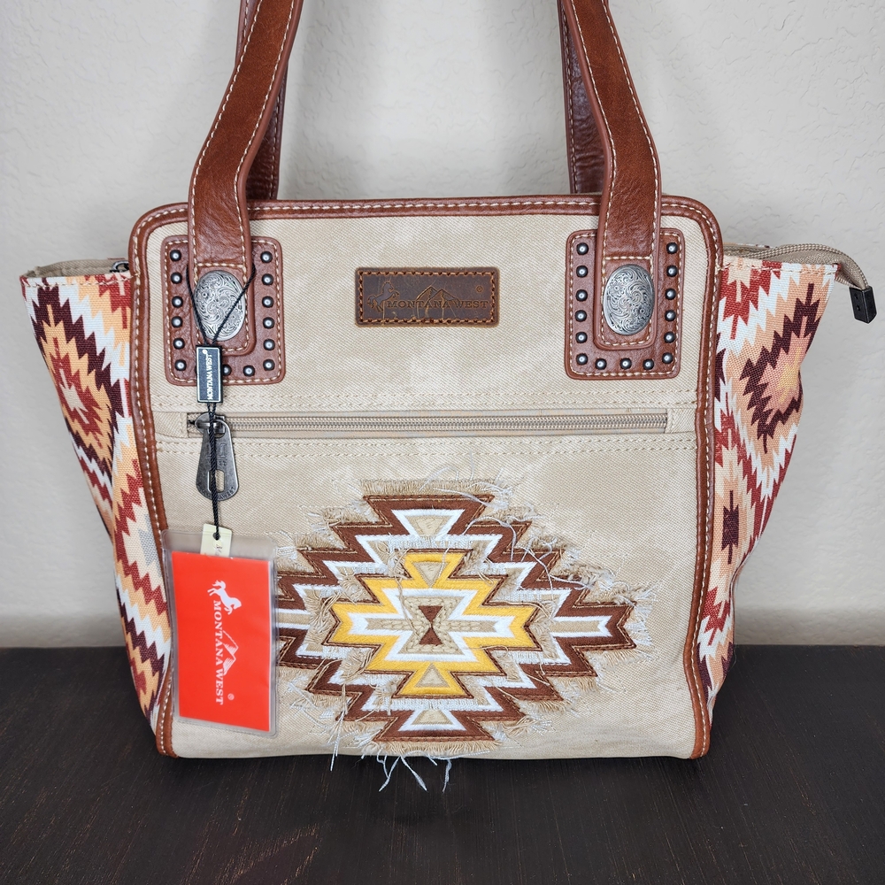 Montana West Tan and Brown Tote with Geometric Pattern